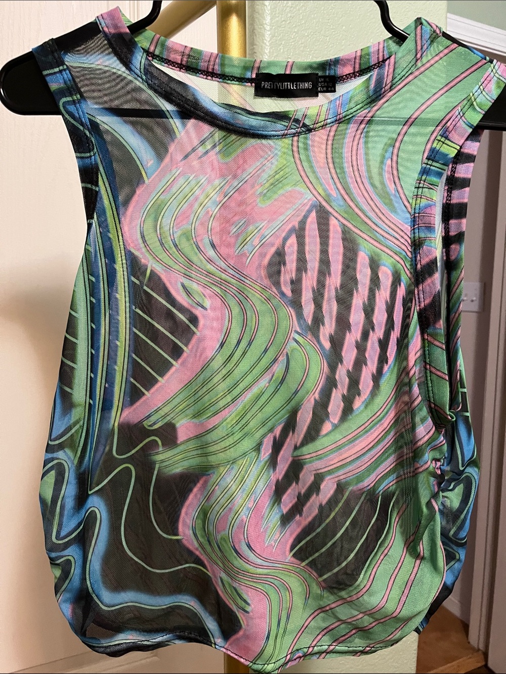 PrettyLittleThing Pink, Green & Blue Abstract Mesh Tank Sz US12
